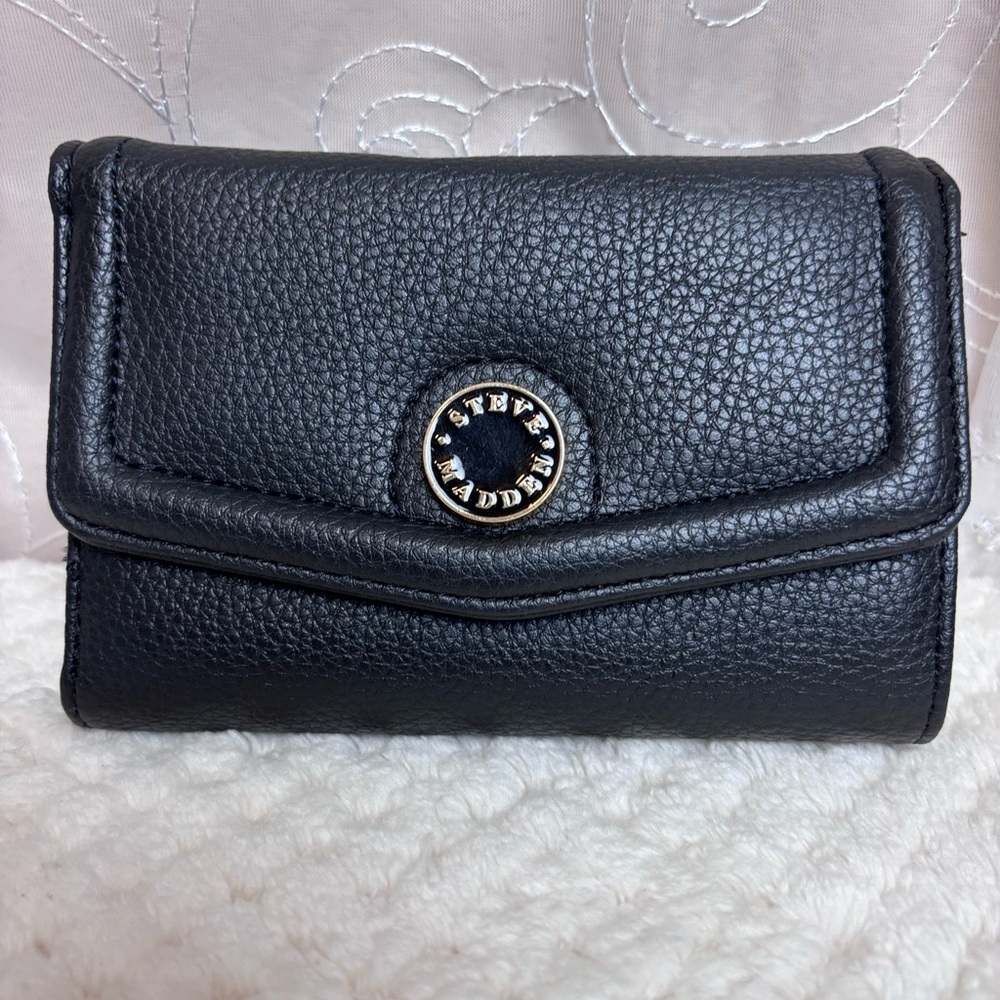 Steve Madden Faux Black Leather Tri-fold Wallet